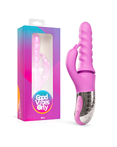 Good Vibes Only - 360&deg; Rotating, Thrusting Vibrator Pink &mdash; pink device beside its packaging