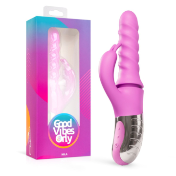 Good Vibes Only - 360° Rotating, Thrusting Vibrator Pink — pink device beside its packaging