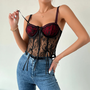 Floral Lace Crop Top Corset Black