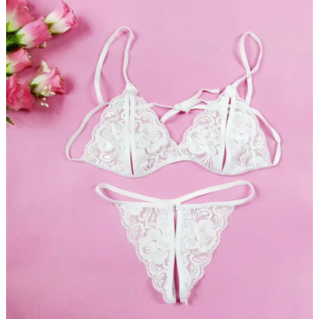 White Bra+Underwear+Socks Open See-Through Bra Panty Set os