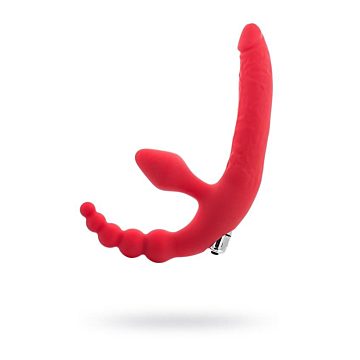Black-Red Beltless strapon with vibro-bullet moisture-resistant silicone red 35 cm