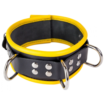 Δερμάτινο Κολιέ BDSM - Leather Necklace 3 D Rings - Kinksters - Black/Yellow