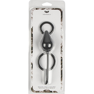 Silicone triple cock ring with anal plug large