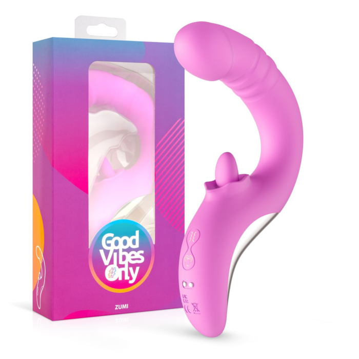 Good Vibes Only - Thrusting Vibrator with Tongue Pink — pink device beside its packaging Good Vibes Only - Thrusting Vibrator with Tongue Pink — pink device beside its packaging