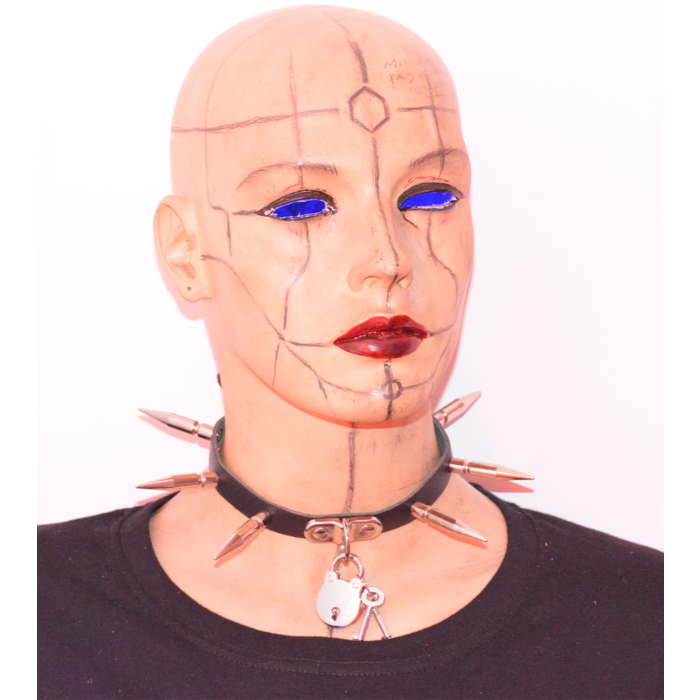 1 ROW LARGE SPIKE AND PADLOCK LEATHER CHOCKER - Black