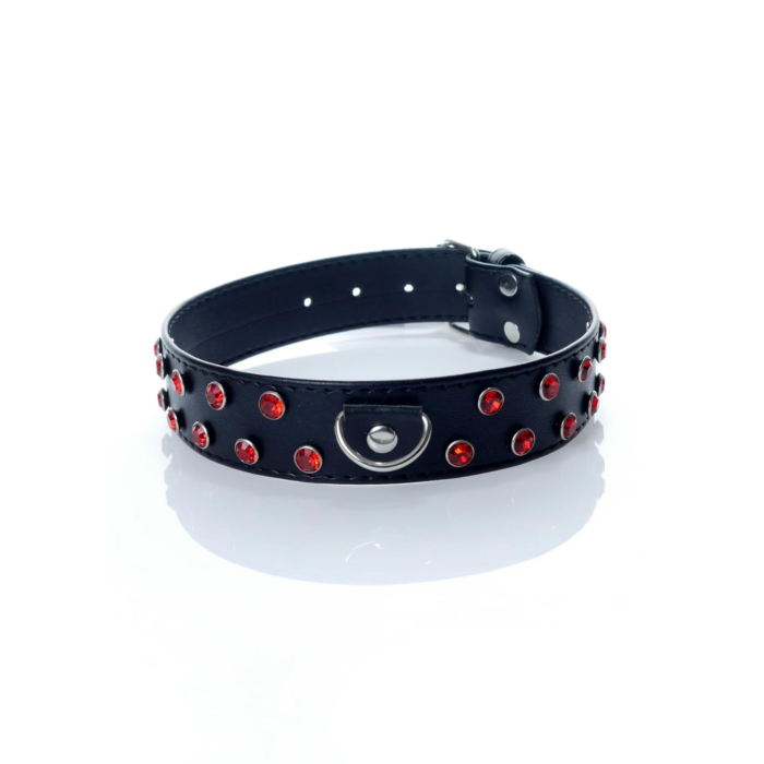 Fetish BDSM Collar with Red Crystals - 3 cm - Vegan Leather