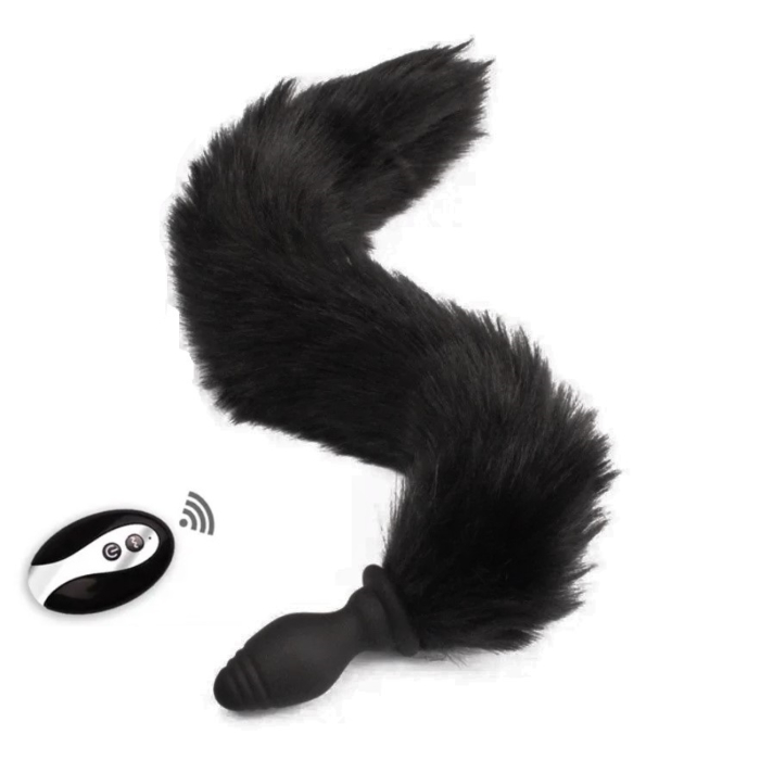 Anal Plug with Tail, 10 Vibration Modes, Remote Control, Silicone, USB, Black