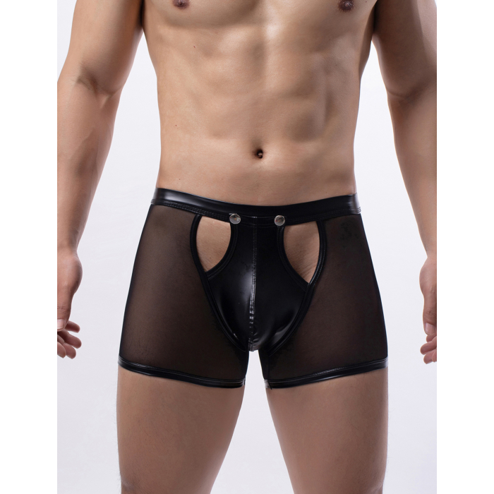 Black Sexy Mesh Openable Crotch Imitation Leather Men's Boxer Underwear