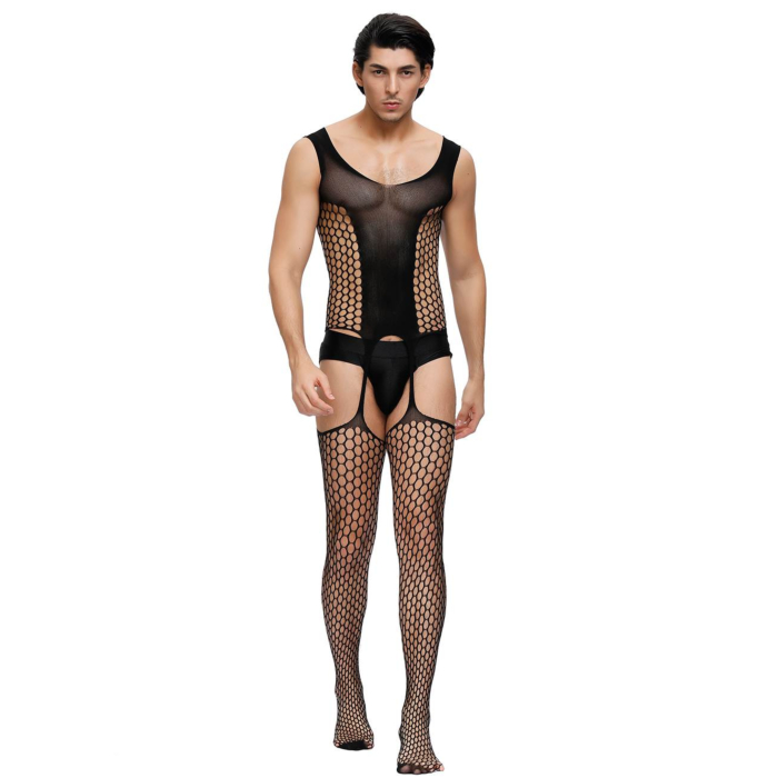 Bold Cutout Pothole Black Bodystockings For Men